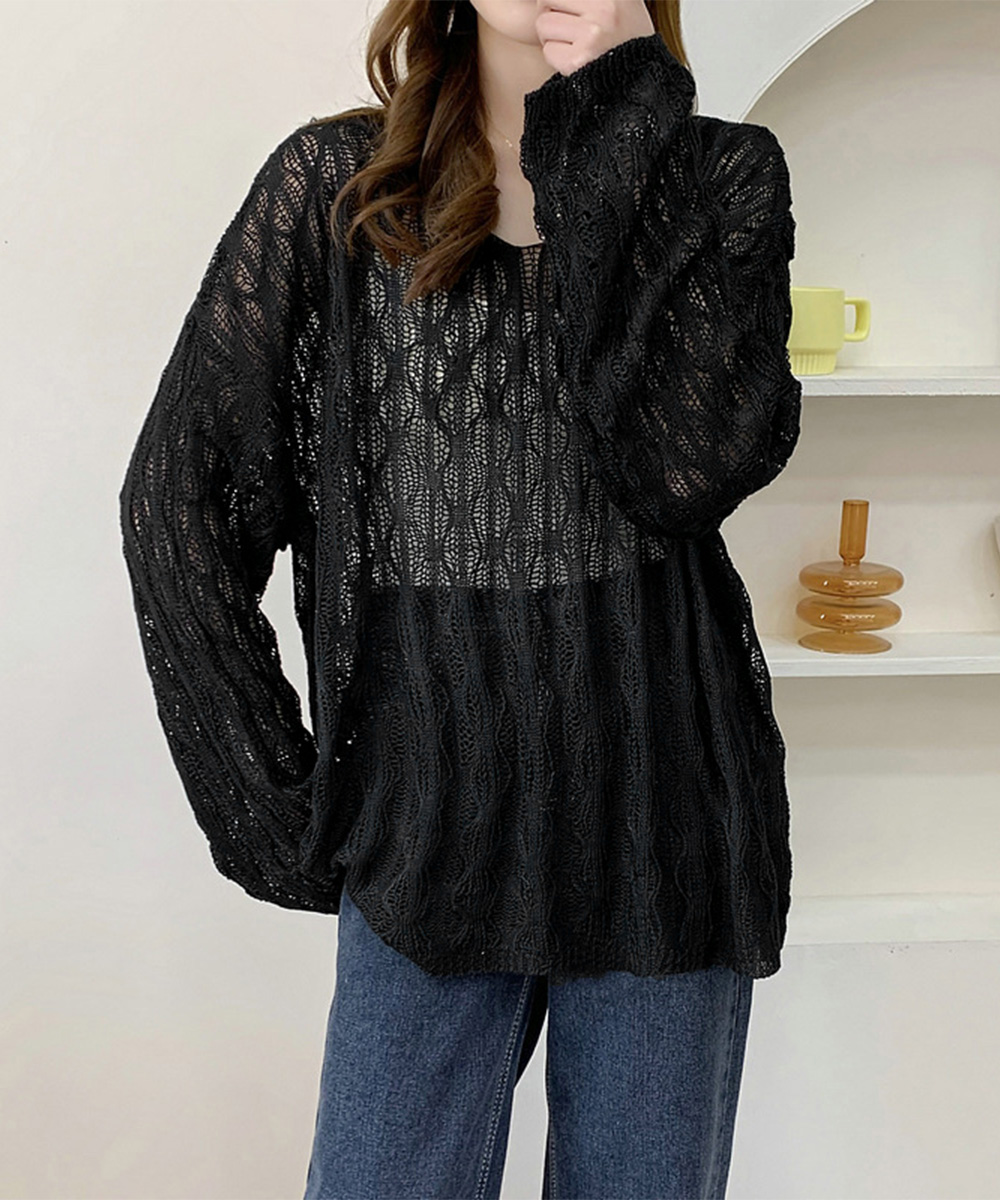 透かし編みVネックメッシュニット長袖カットソー