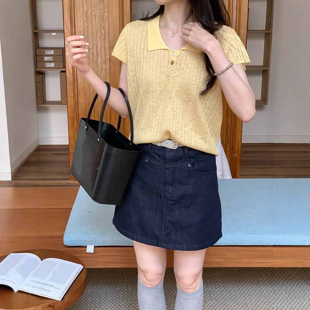 カットソー かぎ編み風襟付きポロカットソー