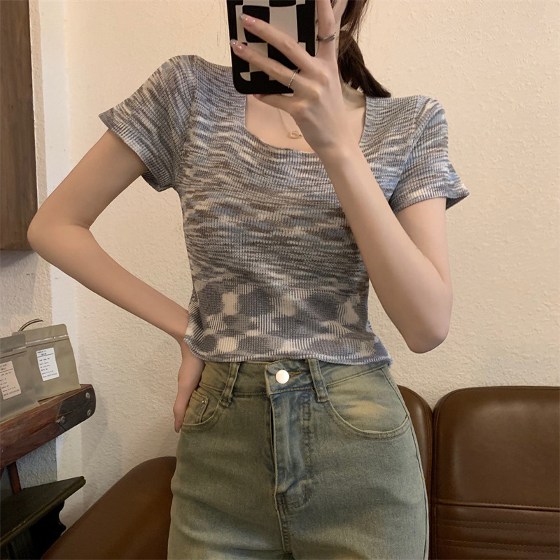 カットソー 彩り織りスクエアネック半袖