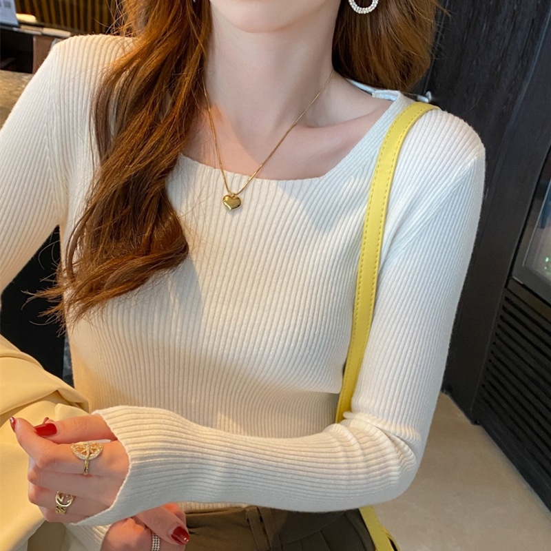 カットソー 長袖リブニットセーター 四角ネック 無地 体型カバー レディース