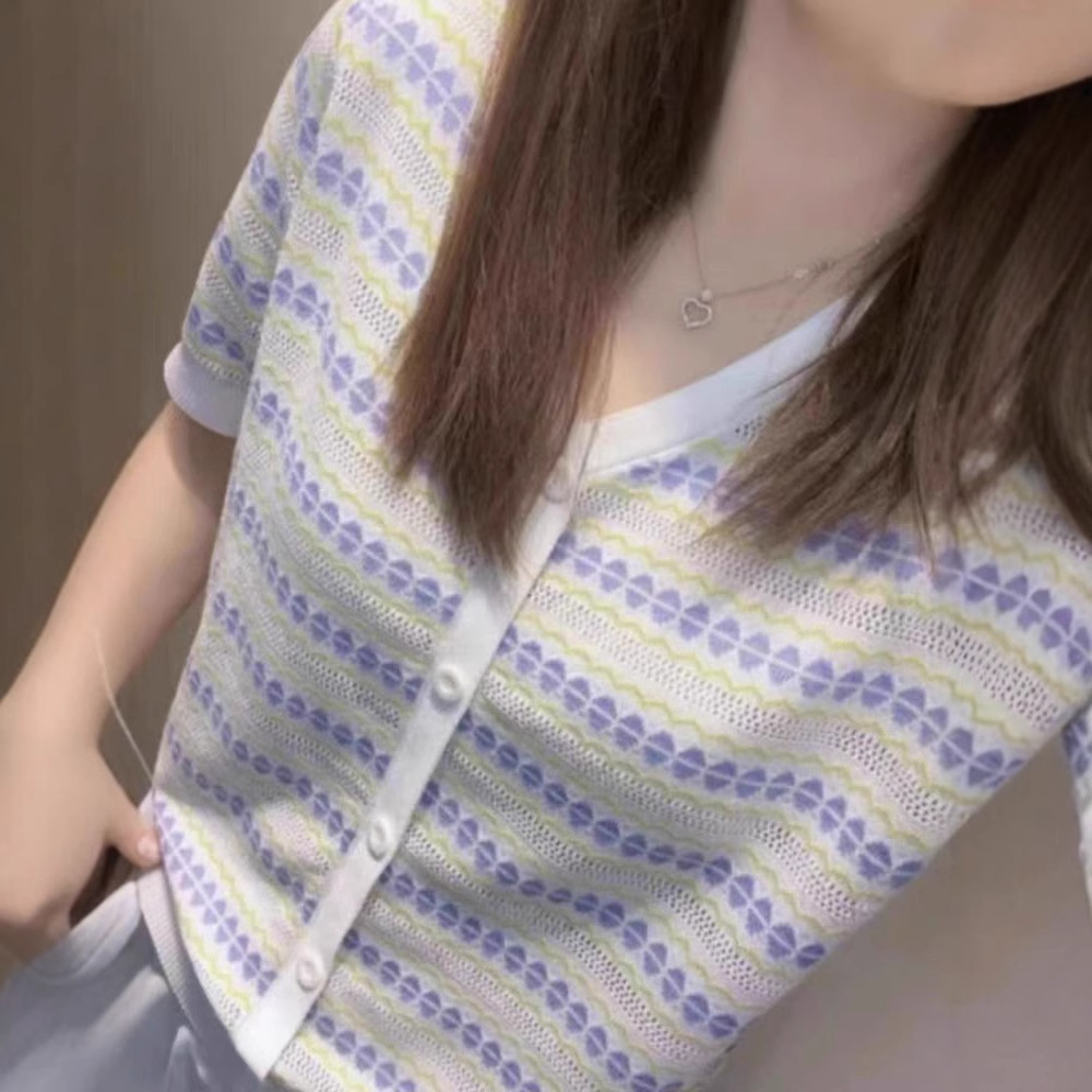 カットソー 模様編み込み半袖Vネックカットソー