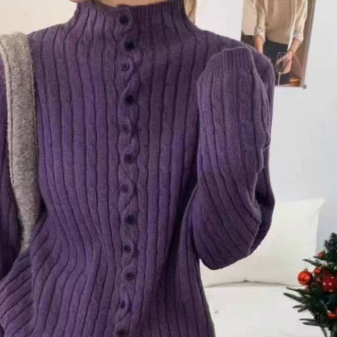 カットソー 2025新作 レディース ハイネック リブニット セーター ボタン付き