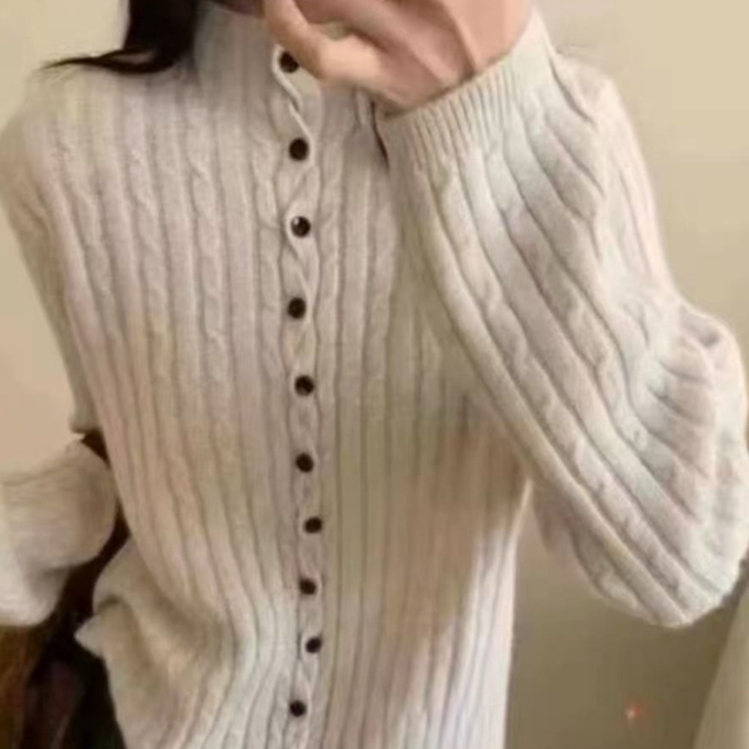 カットソー 2025新作 レディース ハイネック リブニット セーター ボタン付き