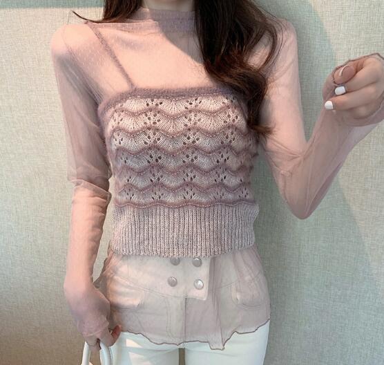 透け感長袖シャツ レース編みベスト重ね着風カットソー