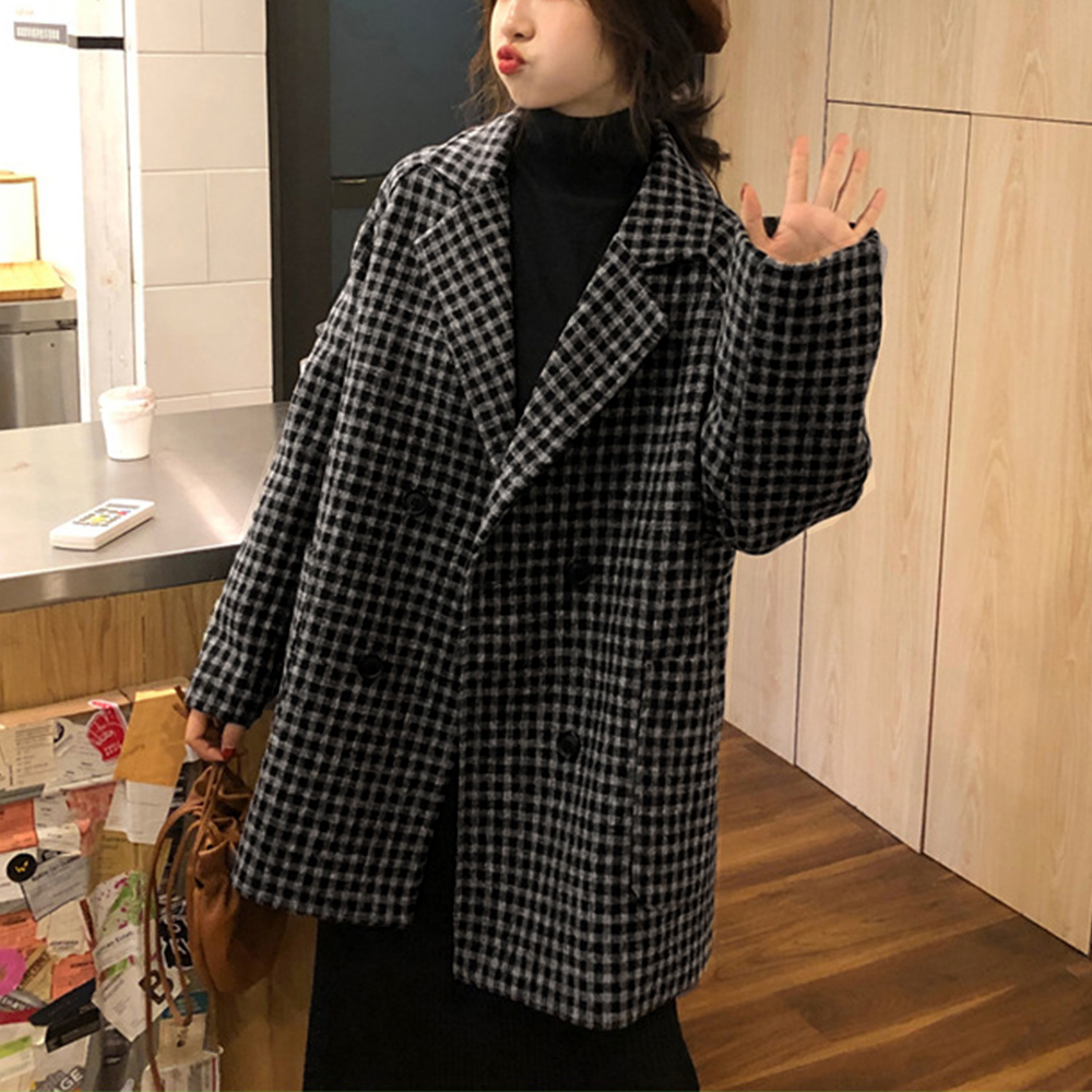 カットソー チェック柄長袖テーラードコート ゆったりシルエット