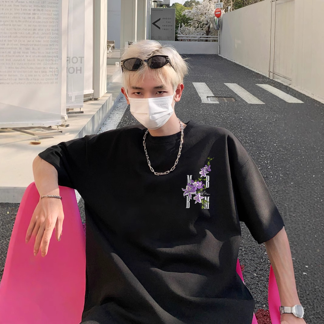 カットソー 花織りレター 装飾半袖カットソー