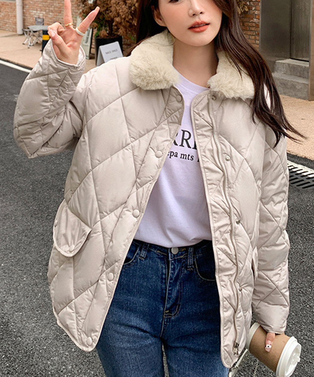 カットソー 長袖ボア襟中綿キルティングジャケット韓国風