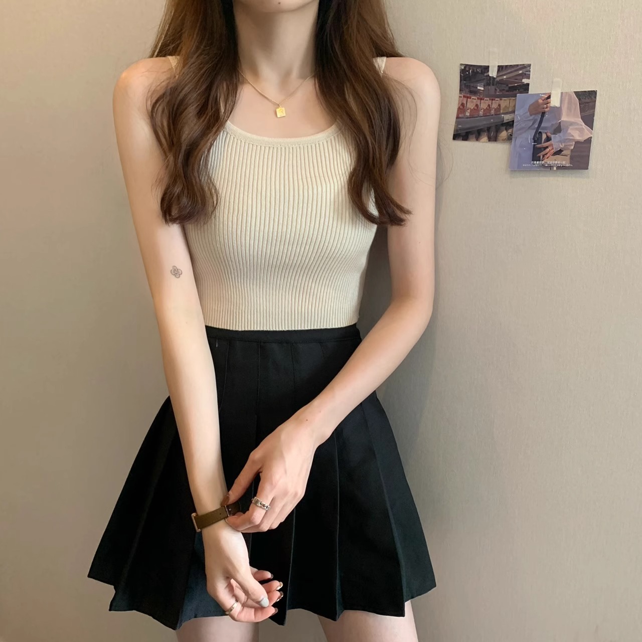 カットソー 優美リブ編みノースリーブカットソー