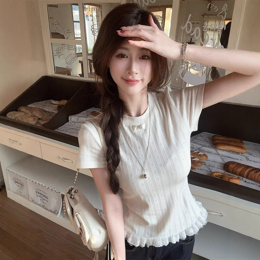 カットソー 優美レース裾フリル半袖カットソー