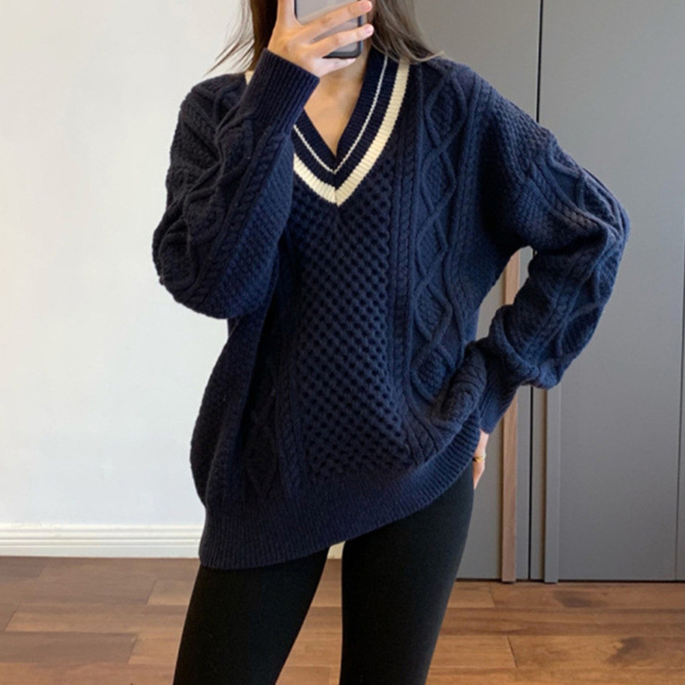 カットソー 配色ライン入りケーブル編みVネックニットトップス