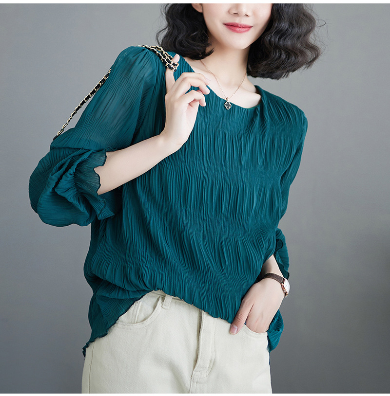 カットソー シアー素材シャーリング長袖ブラウス丸首女性用上品