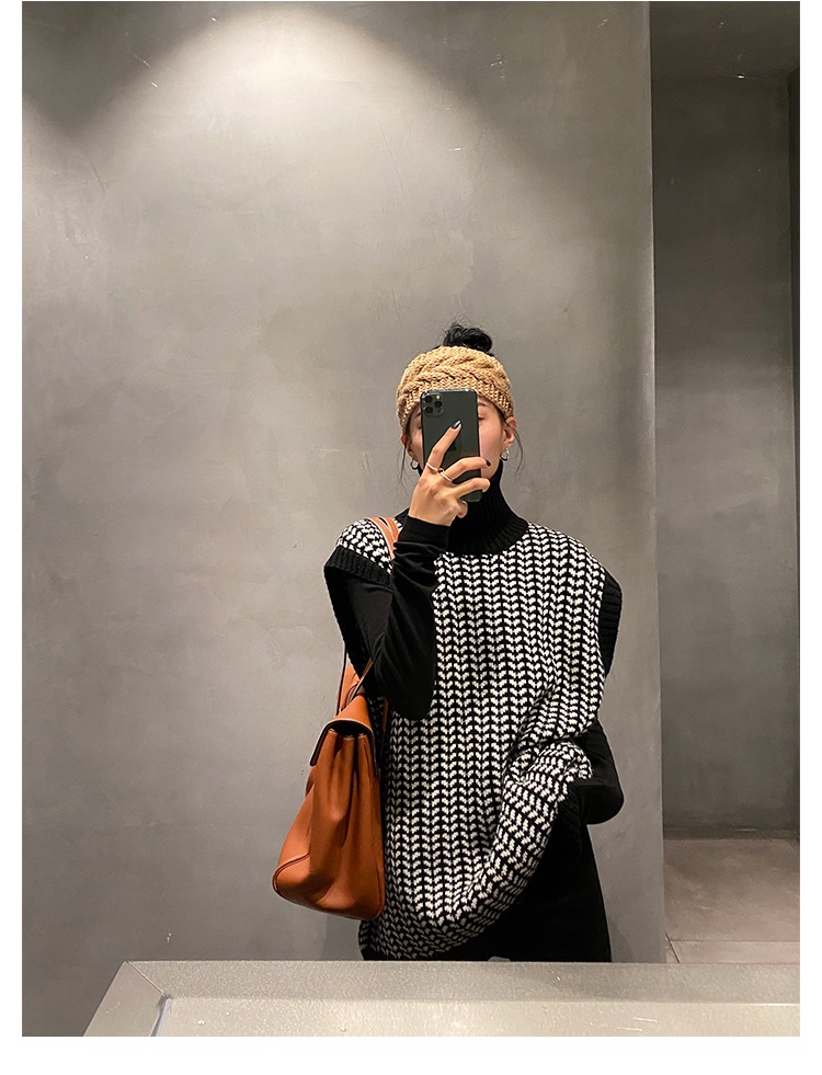 カットソー ハイネック ニット ベスト 千鳥格子 着痩せ 重ね着 上品