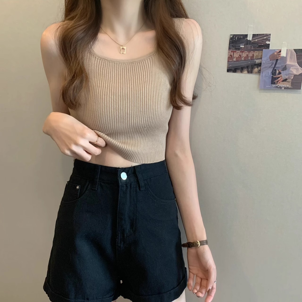カットソー 優美リブ編みノースリーブカットソー