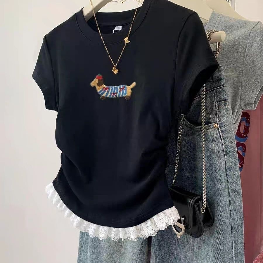 カットソー 愛犬刺繍レース裾カットソー