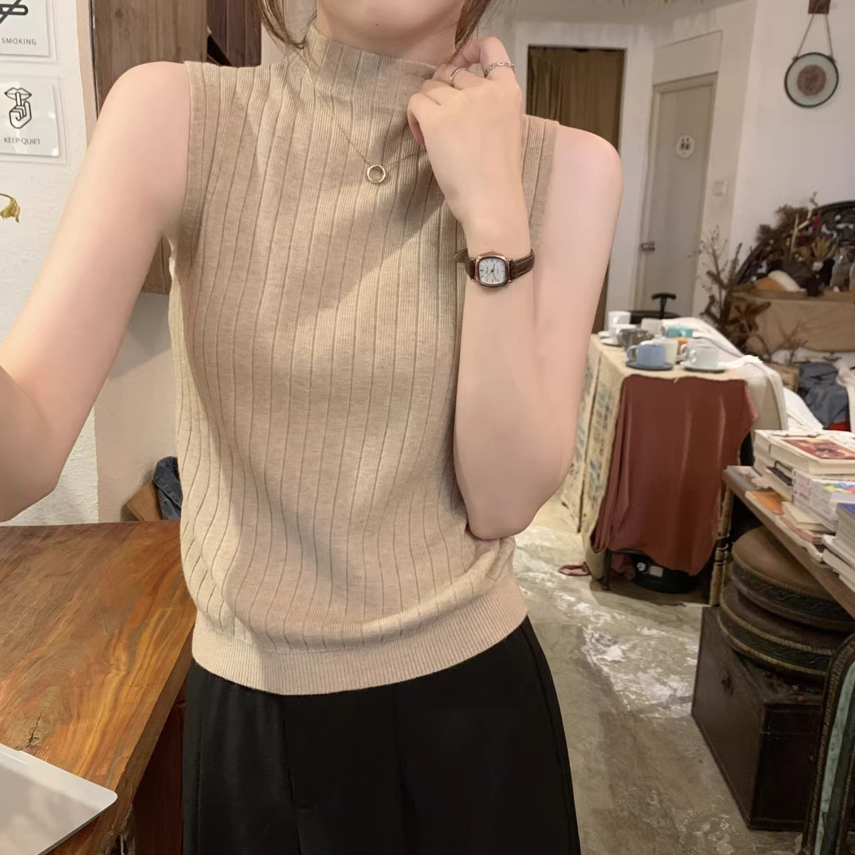カットソー 薄手リブ編みハイネックニットベスト レディース袖なしセーター