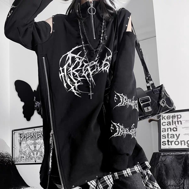 カットソー モード系 肩開き 長袖 ジップアップ 立ち襟 Tシャツ