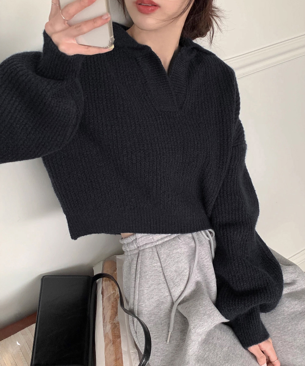 カットソー 襟付きVネックニット ゆったりスキッパーセーター