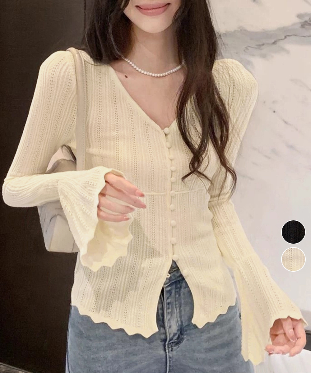 カットソー 透かし編みVネックニットフレア袖カーディガン春夏