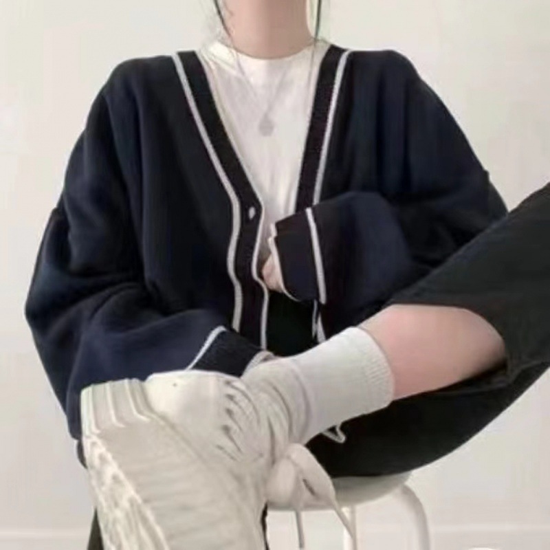 カットソー 配色ライン入りゆったり羽織りカーディガン