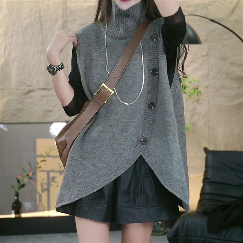 カットソー 秋冬新作タートルネック袖なしニットベスト体型カバー