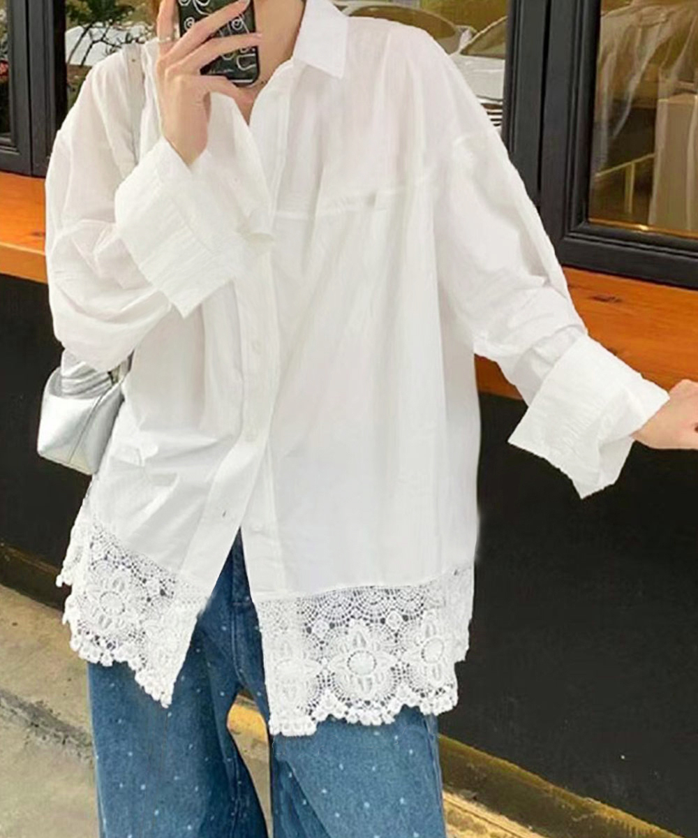 カットソー 裾刺繍レース切替長袖白シャツ大人可愛い