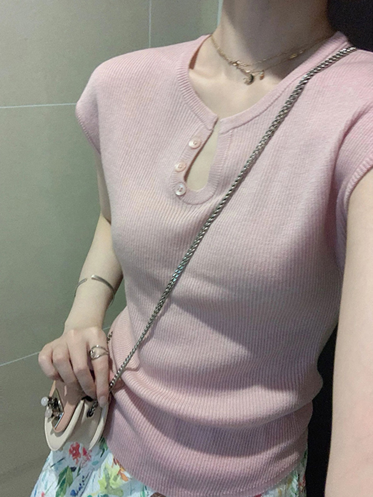 カットソー 優美フレンチリブボタンカットソー