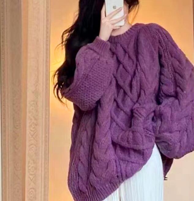 カットソー 女性用ハイネックニットセーター ケーブル編み厚手カジュアルトップス