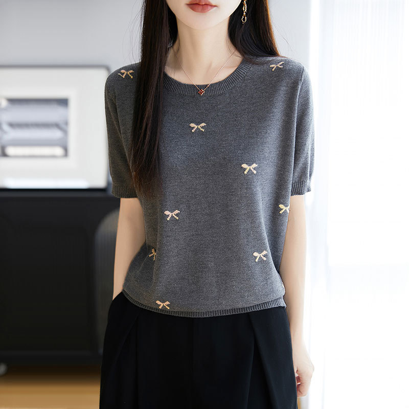 カットソー リボン刺繍ニットカットソー