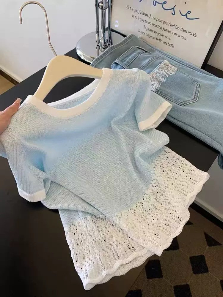 カットソー さわやか透かし編み半袖カットソー