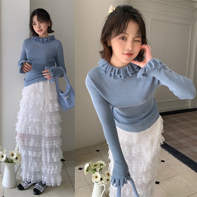 レディース長袖フリルネックニットカットソー