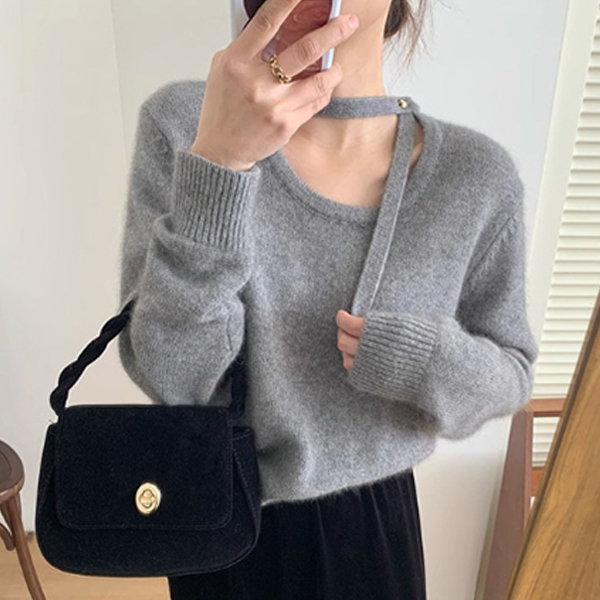 カットソー 配色ハイネックニットセーター レディース長袖カジュアルトップス