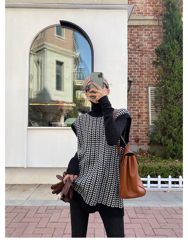カットソー ハイネック ニット ベスト 千鳥格子 着痩せ 重ね着 上品
