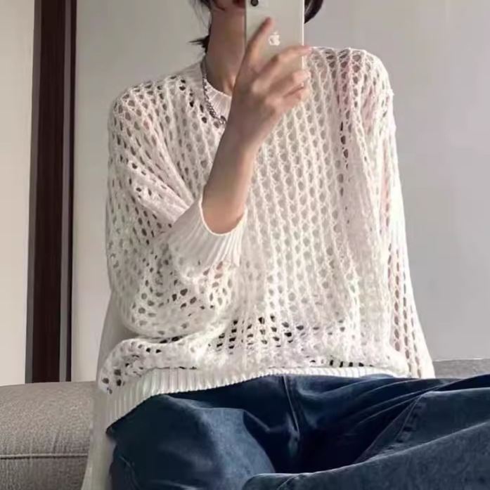 カットソー 透かし編み丸首ゆったりニット