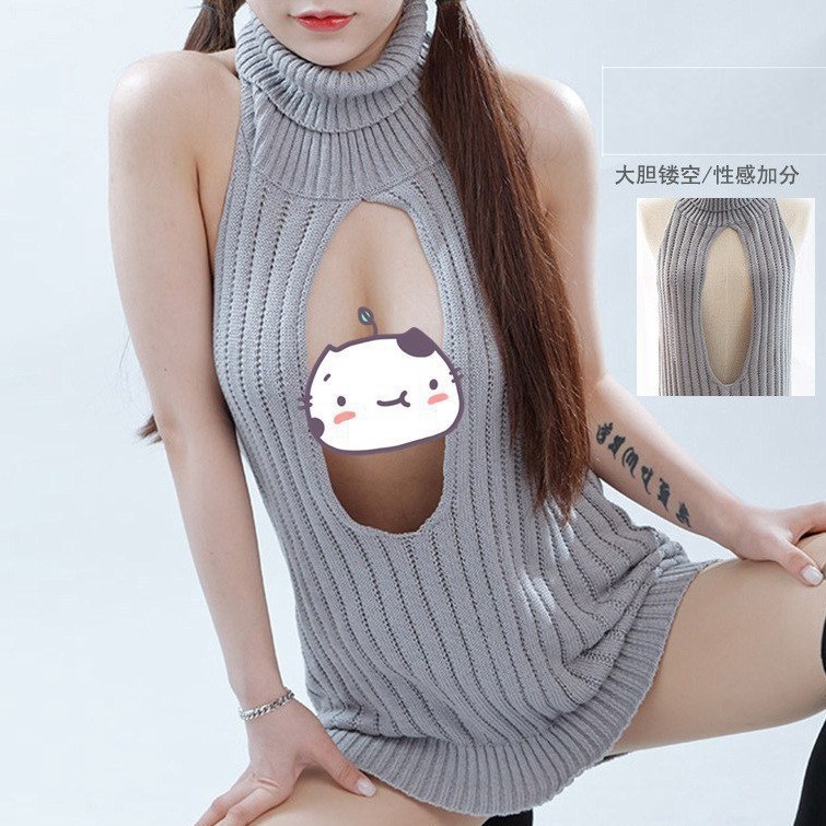 カットソー 胸元開きリブニットハイネック