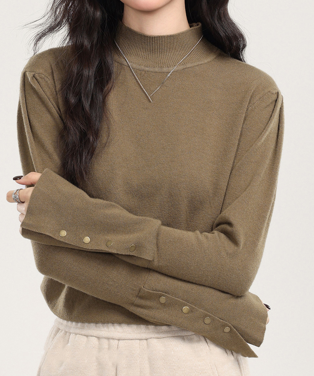 カットソー 袖ボタンハイネックニット長袖重ね着トップス