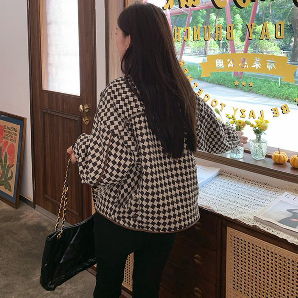 カットソー チェック柄長袖ジャケット韓国風ショート丈