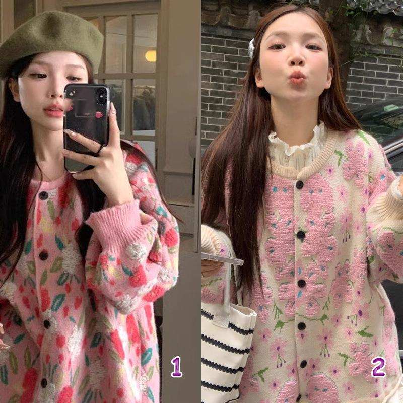 カットソー 花柄ニットカーディガン長袖韓国風レディース2色