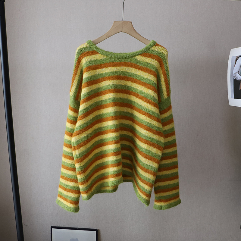 カットソー 韓国風ストライプニットセーター長袖レディーストップス