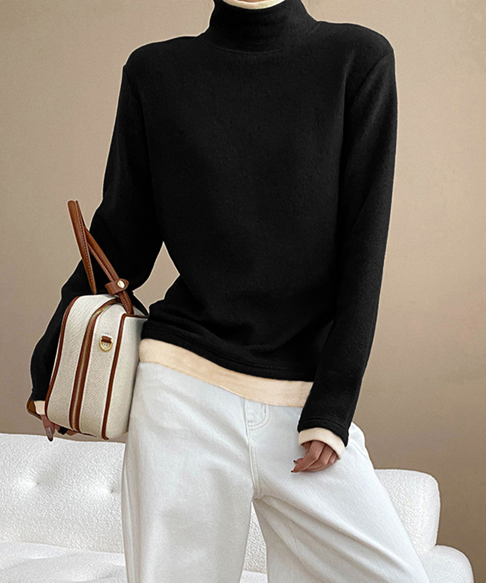 ハイネック重ね着風長袖カットソー配色デザイン