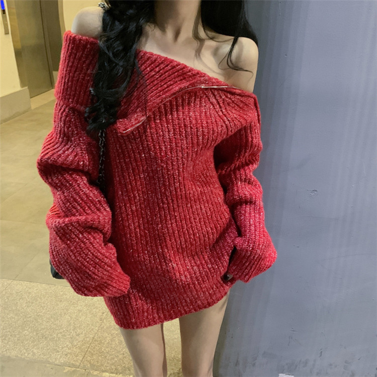 カットソー ボートネック編み込み長袖ワンピース赤色