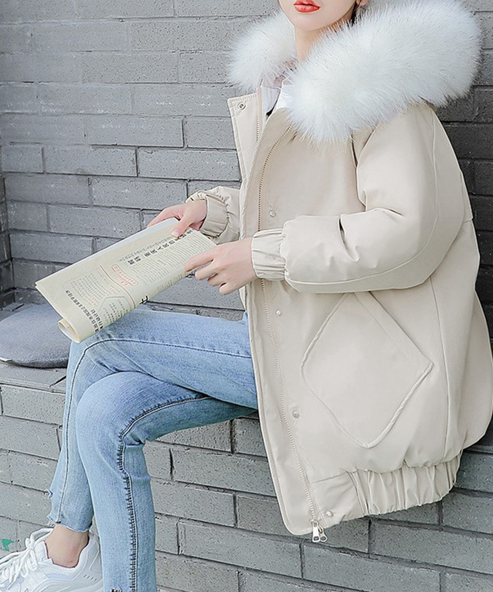 カットソー 長袖ふわふわファー付き中綿ダウンコート防寒