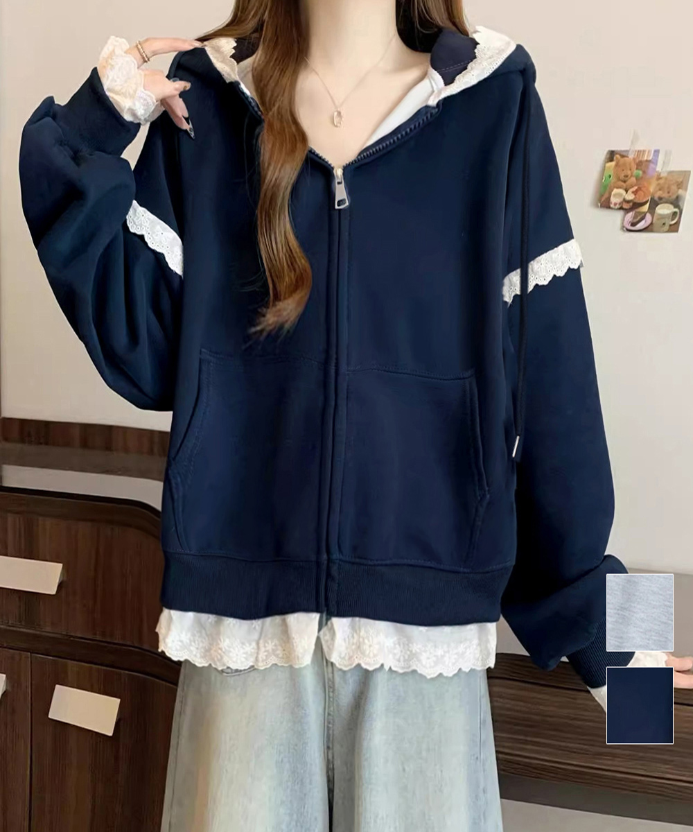 カットソー 長袖ジップパーカー レース切り替え 韓国風