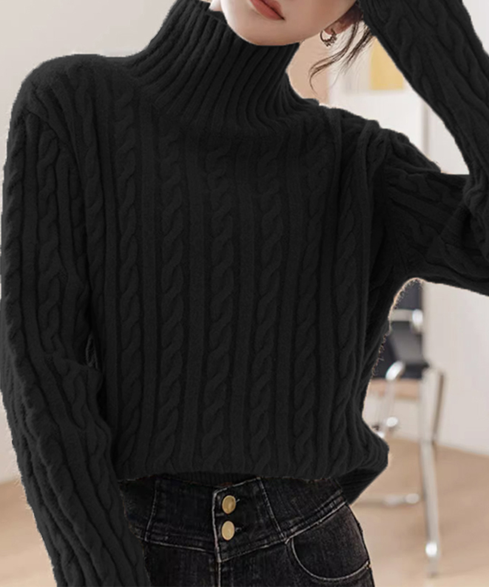 カットソー ケーブル編みタートルネックニットセーター