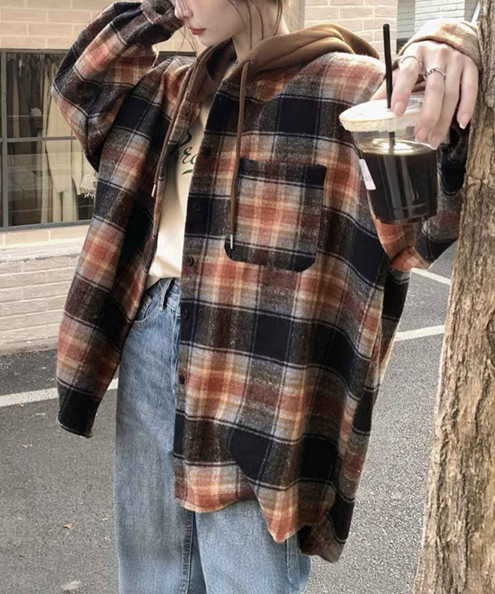 カットソー チェック柄長袖フード付き重ね着風シャツ