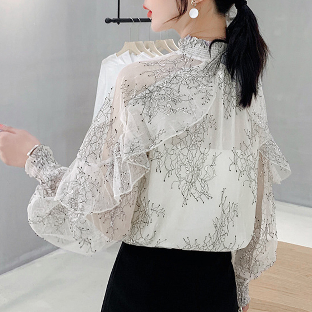 カットソー 花柄刺繍シアーブラウス 長袖レース透け感トップス