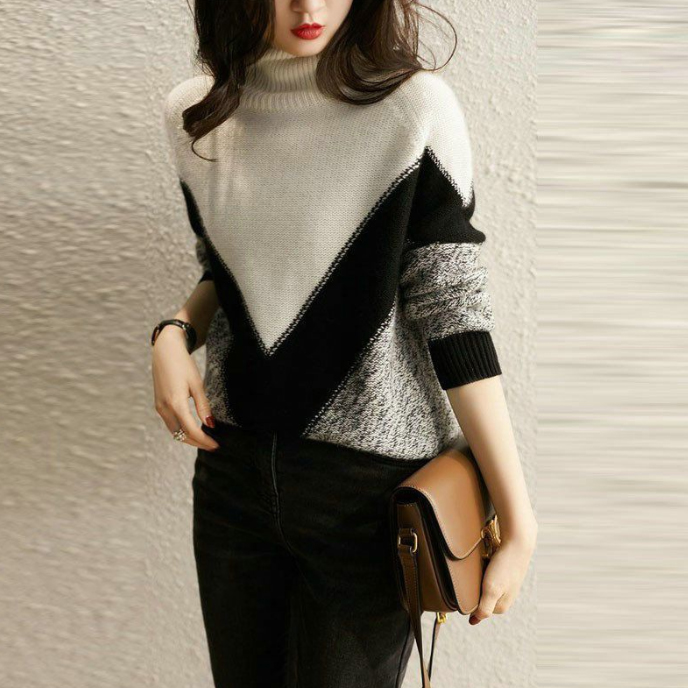 カットソー カシミヤタッチ ハイネック 配色ニット ゆったりプルオーバー