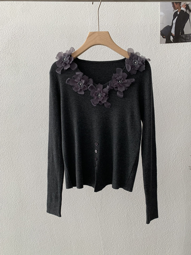 カットソー 花装飾長袖ニットセーター韓国風レディース２色