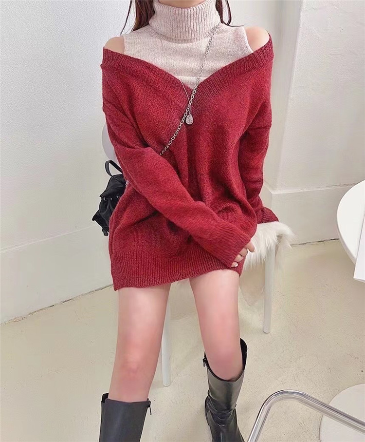 カットソー タートルネック重ね着風ニットワンピース