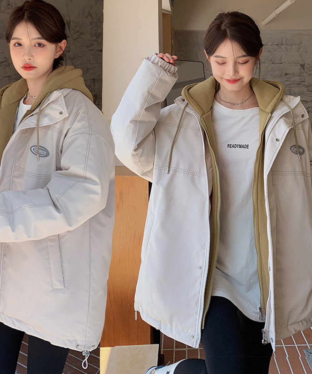 カットソー 長袖エコダウンジャケット フード付中綿コート