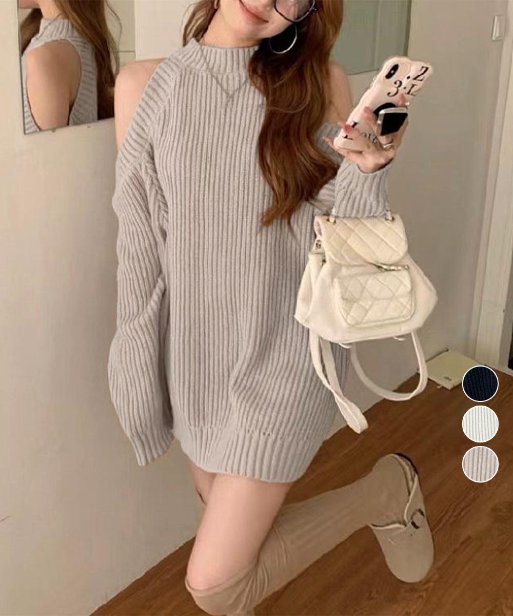 カットソー ハイネック肩あきニットワンピース短め丈